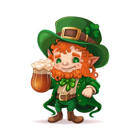Téléchargez les illustrations : Little cute leprechaun in a green frock coat with a beer mug. St. Patricks Day design. Vector illustration - en licence libre de droit