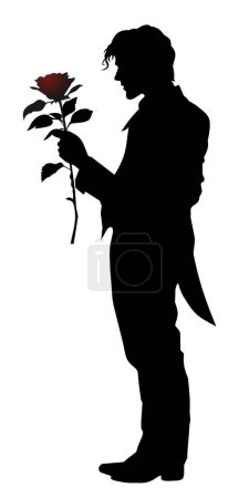 Illustration for Silhouette of a man with a rose isolated on white background. Gallant young man in a tailcoat with a rose in his hand. Vector illustration - Royalty Free Image