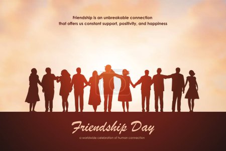 Illustration for Concept poster design for International Friendship Day. A group of eleven people. Silhouettes of people holding hands. Vector illustration - Royalty Free Image