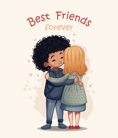 Ilustración de Niño negro y niña blanca abrazándose. Mejores amigos para siempre. Tarjeta del Día Internacional de la Amistad. Ilustración vectorial - Imagen libre de derechos