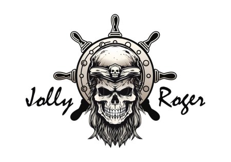 Illustration for A pirate's skull against the background of a ship's wheel. Jolly Roger. Vector illustration isolated on white background. - Royalty Free Image