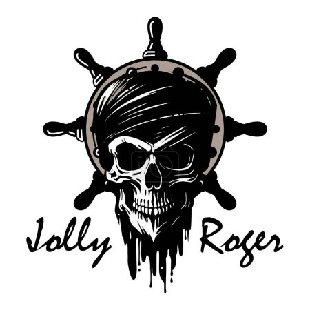 Illustration for Skull of a pirate in a bandana against the background of the helm. Jolly Roger. Vector illustration isolated on white - Royalty Free Image