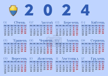 Calendrier 2024 en ukrainien. Les jours de la semaine sont situés en haut. La semaine commence lundi. Illustration vectorielle
