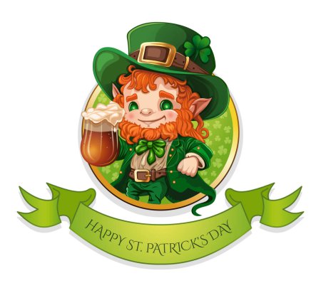 Cute little leprechaun raises a mug of foamy beer in honor of St. Patricks Day. St. Patricks Day design. Vector illustration