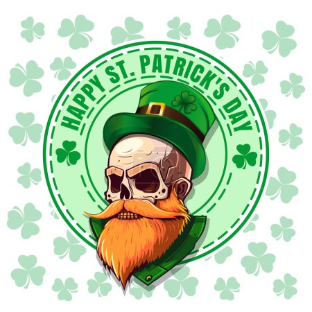 Happy St. Patricks Day. Patricks Day design with a leprechaun skull and a congratulatory inscription. Skull wears a leprechaun hat with clover. Vector illustration