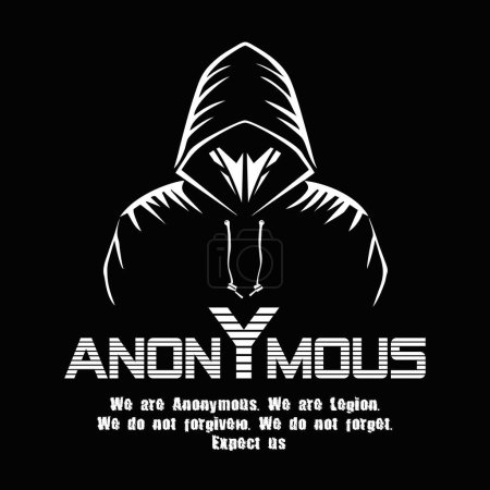 Anonyme Gestaltung des Logos. Ein Mann mit Maske und Kapuzenpullover. Anonymer Slogan auf Englisch: We are Anonymous. Wir sind Legion. Wir vergeben nicht. Wir vergessen es nicht. Erwartet uns. Vektorillustration