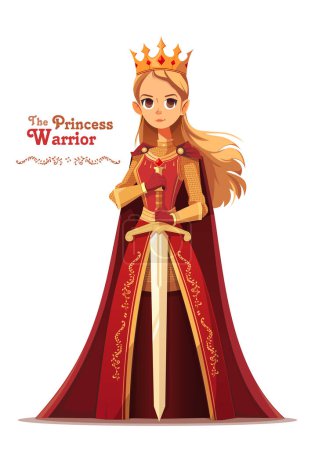 Ilustración de La Princesa Guerrera. Reina con armadura de caballero con espada. Ilustración vectorial de dibujos animados para libro infantil - Imagen libre de derechos