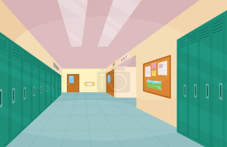 Foto de Interior del pasillo de la escuela con puertas de entrada, taquillas y tablón de anuncios en la pared. Dibujos animados vectoriales ilustración de pasillo vacío en la universidad, universidad con puertas cerradas de aulas - Imagen libre de derechos