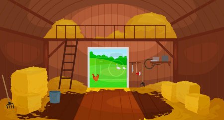 Téléchargez les illustrations : Illustration vectorielle de l'intérieur Ancienne grange en bois avec des meules de foin. Outils pour hangar - en licence libre de droit