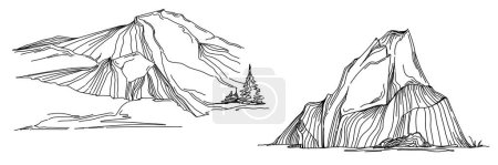 Téléchargez les illustrations : Illustration vectorielle dessinée à la main du style de gravure vintage avec des montagnes - en licence libre de droit