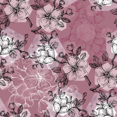 Téléchargez les illustrations : Fleur sauvage Sakura motif de fleurs dans un style d'une ligne. Croquis fleur sauvage pour le fond, la texture, le motif d'emballage, le cadre ou la bordure. - en licence libre de droit