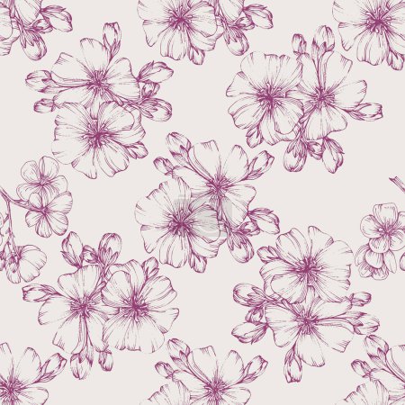 Illustration for Wildflower Sakura flower pattern in a one line style. Sketch wild flower for background, texture, wrapper pattern, frame or border. - Royalty Free Image