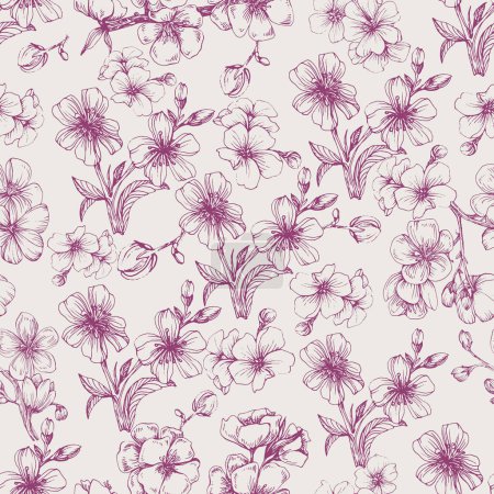 Illustration for Wildflower Sakura flower pattern in a one line style. Sketch wild flower for background, texture, wrapper pattern, frame or border. - Royalty Free Image