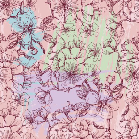 Ilustración de Wildflower Sakura flower pattern in a one line style. Sketch wild flower for background, texture, wrapper pattern, frame or border. - Imagen libre de derechos