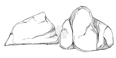 Téléchargez les illustrations : Stone Monochrome sketch vector. Gravel And Pebble. Natural Rocky Slate Lump Engraving Template Hand Drawn In Retro Style Black And White Illustration - en licence libre de droit