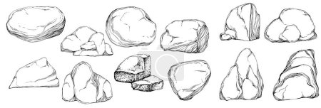 Téléchargez les illustrations : Stone Monochrome sketch vector. Gravel And Pebble. Natural Rocky Slate Lump Engraving Template Hand Drawn In Retro Style Black And White Illustration - en licence libre de droit