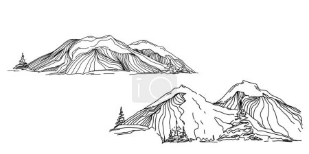 Téléchargez les illustrations : Hand sketch of winter mountains. Mountains sketch on a white background. Snowy mountain peaks and Shapes For Logos - en licence libre de droit