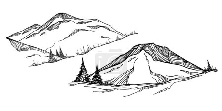Ilustración de Esbozo a mano de montañas de invierno. Bosquejo de las montañas sobre un fondo blanco. Picos nevados de montaña y formas para logotipos - Imagen libre de derechos