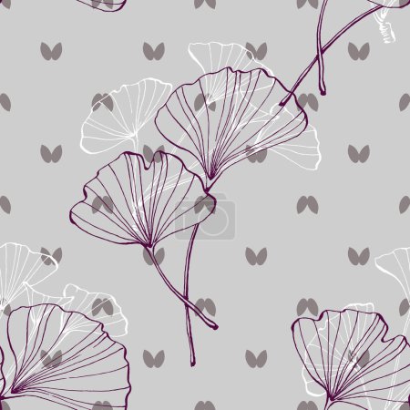 Illustration for Wildflower Ginkgo flower pattern in a one line style. Outline of the plant: Black and white engraved ink art Ginkgo biloba. Sketch wild flower for background, texture, wrapper pattern, frame or border. - Royalty Free Image