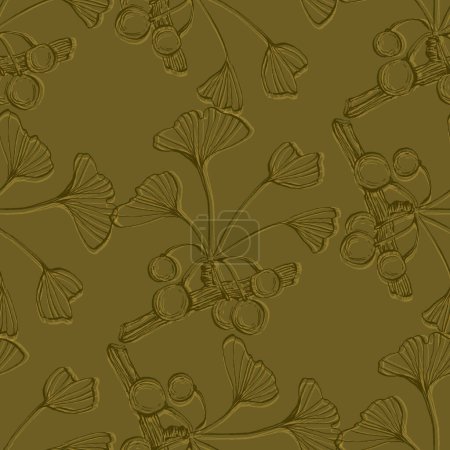 Téléchargez les illustrations : Modèle de fleur de Ginkgo de fleur sauvage dans un style d'une ligne. Aperçu de la plante : Encre gravée en noir et blanc Ginkgo biloba. Croquis fleur sauvage pour le fond, la texture, le motif d'emballage, le cadre ou la bordure. - en licence libre de droit