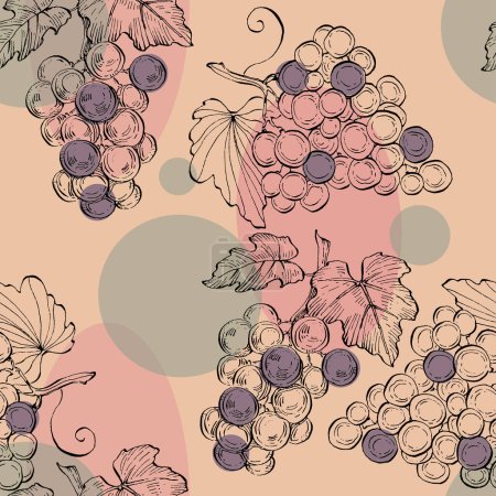 Illustration for Seamless pattern with grape branch. Wineyard retro wallpaper. Garden background Sketch wild flower for background, texture, wrapper pattern, frame or border. - Royalty Free Image