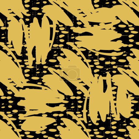 Illustration for Vector seamless pattern with brush stripes and strokes. Gold color on black background. Grunge texture. Ink splash elements. Fashion abstract modern style. Endless fabric print. Retro - Royalty Free Image