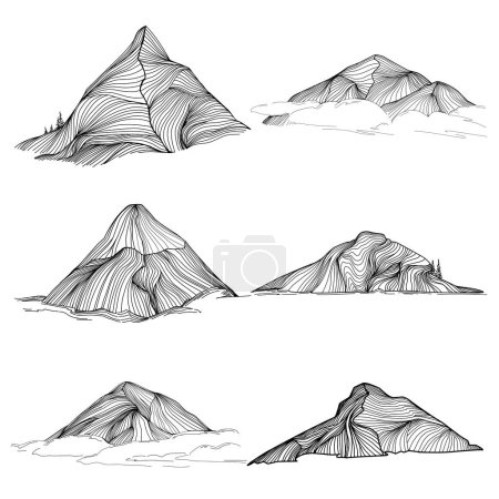 Téléchargez les illustrations : Esquisse manuelle des montagnes d'hiver. Esquisse des montagnes sur fond blanc. Montagnes enneigées et formes pour Logos - en licence libre de droit