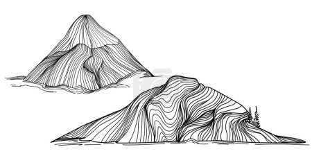 Téléchargez les illustrations : Esquisse manuelle des montagnes d'hiver. Esquisse des montagnes sur fond blanc. Montagnes enneigées et formes pour Logos - en licence libre de droit