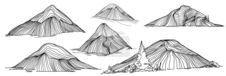 Ilustración de Esbozo a mano de montañas de invierno. Bosquejo de las montañas sobre un fondo blanco. Picos nevados de montaña y formas para logotipos - Imagen libre de derechos