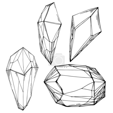 Téléchargez les illustrations : Illustration vectorielle cristale. Objets géométriques abstraits modernes aux formes diamantées, cristaux. Tirage à la main noir et blanc. - en licence libre de droit