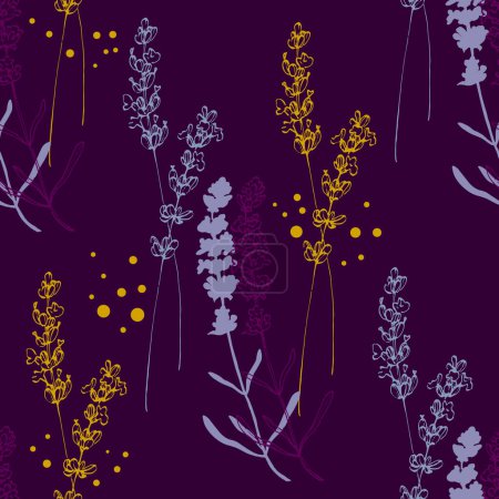 Illustration for Wildflower lavender flower pattern in a one line style. Outline of the plant: Black and white engraved ink art lavender. Sketch wild flower for background, texture, wrapper pattern, frame or border. - Royalty Free Image
