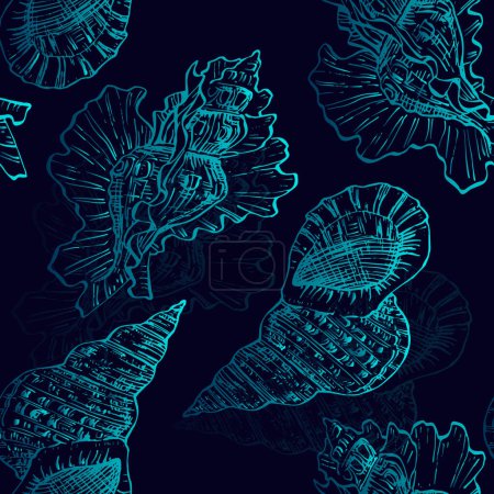 Ilustración de Fondo de patrón sin costuras con adornos abstractos de concha. Dibujado a mano ilustración de la naturaleza del océano. - Imagen libre de derechos