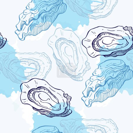 Téléchargez les illustrations : Oysters seamless pattern. Hand drawn sketch vector seafood illustration. Engraved retro style mollusks. Modern food background - en licence libre de droit