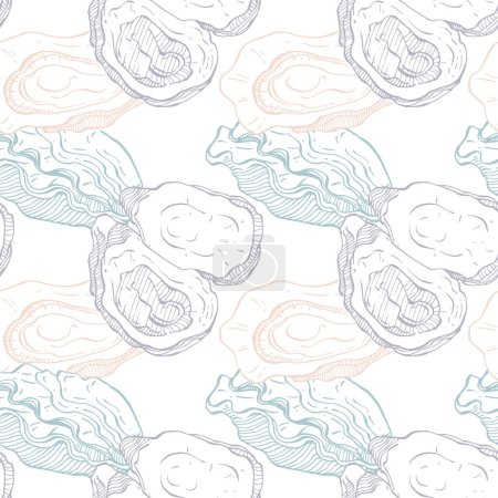 Téléchargez les illustrations : Modèle sans couture huîtres. Croquis dessiné à la main illustration vectorielle de fruits de mer. Mollusques gravés de style rétro. Contexte alimentaire moderne - en licence libre de droit
