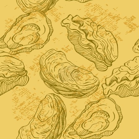 Téléchargez les illustrations : Modèle sans couture huîtres. Croquis dessiné à la main illustration vectorielle de fruits de mer. Mollusques gravés de style rétro. Contexte alimentaire moderne - en licence libre de droit