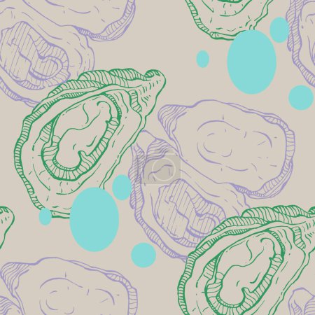 Téléchargez les illustrations : Oysters seamless pattern. Hand drawn sketch vector seafood illustration. Engraved retro style mollusks. Modern food background - en licence libre de droit
