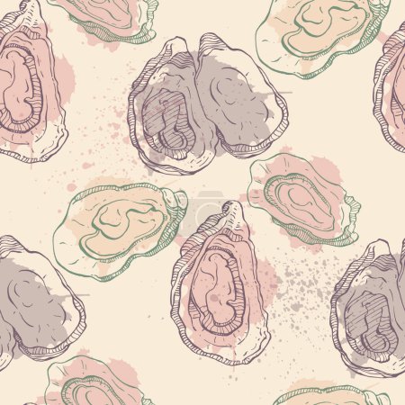 Ilustración de Oysters seamless pattern. Hand drawn sketch vector seafood illustration. Engraved retro style mollusks. Modern food background - Imagen libre de derechos