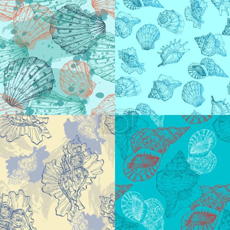Téléchargez les illustrations : Set Seamless pattern background with abstract shell ornaments. Hand drawn nature illustration of ocean. - en licence libre de droit