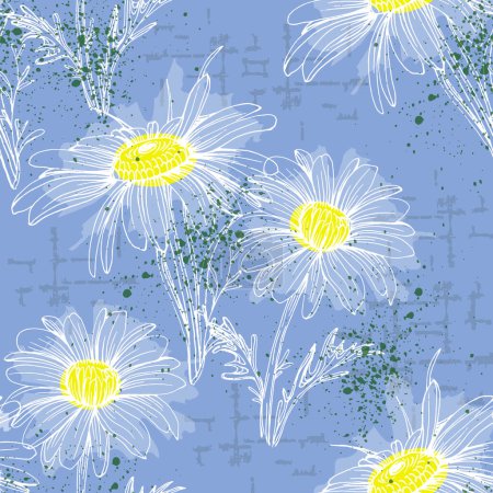 Ilustración de Chamomile by hand drawing. Daisy seamless pattern in modern sketch style for fabric textile. - Imagen libre de derechos