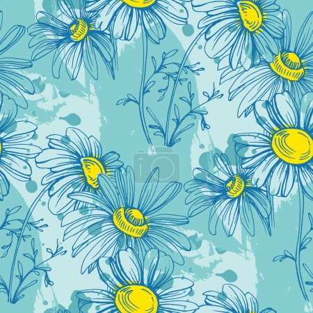 Illustration for Chamomile by hand drawing. Daisy seamless pattern in modern sketch style for fabric textile. - Royalty Free Image