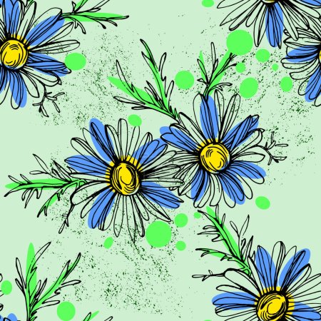 Illustration for Chamomile by hand drawing. Daisy seamless pattern in modern sketch style for fabric textile. - Royalty Free Image