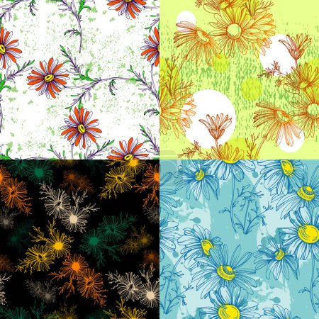 Téléchargez les illustrations : Chamomile by hand drawing. Daisy seamless pattern in modern sketch style for fabric textile. - en licence libre de droit