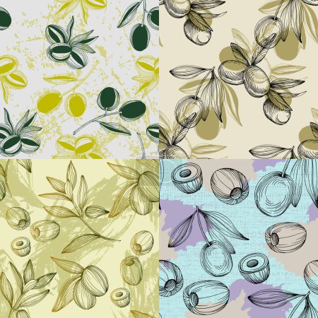 Téléchargez les illustrations : Seamless pattern with olive branch. Olive branches sketch. Vector hand drawing wildflower for background, texture, wrapper pattern. - en licence libre de droit