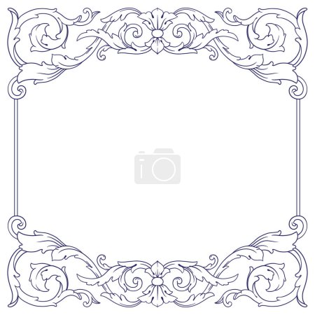 Illustration for Border and Frame with baroque style. Ornament elements for your design. Black and white color. Floral engraving decoration for postcards or invitations for social media. - Royalty Free Image