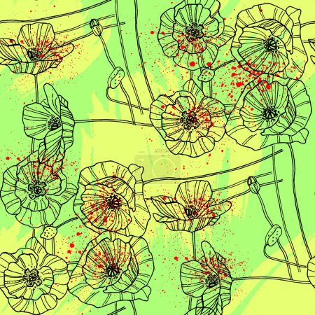 Ilustración de Patrón de flores de amapola. Patrones florales abstractos sin costura. Diseño vectorial para diferentes surfases. Dibujo de tinta con textura. - Imagen libre de derechos