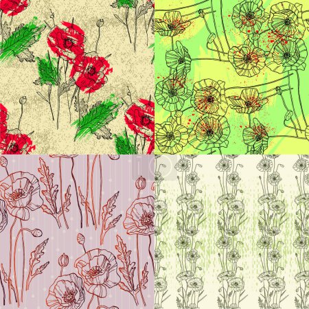 Illustration for Pattern of poppy flowers. Floral abstract seamless patterns. Vector design for different surfases. Ink Drawing with Texture. - Royalty Free Image