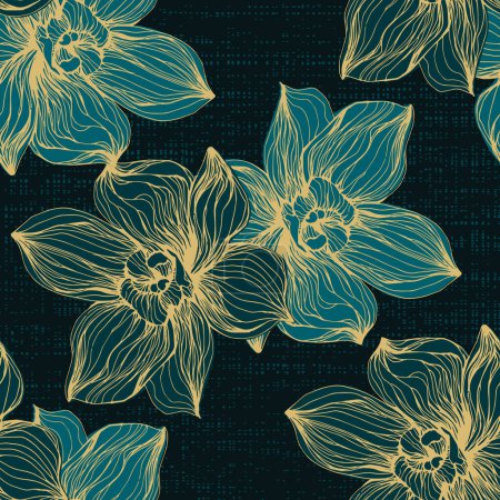 Illustration for Vector hand drawn seamless pattern with stylized orchid branch for your design, pattern can be used for wallpaper, invitation, fabric. - Royalty Free Image