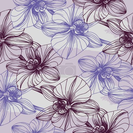 Illustration for Vector hand drawn seamless pattern with stylized orchid branch for your design, pattern can be used for wallpaper, invitation, fabric. - Royalty Free Image