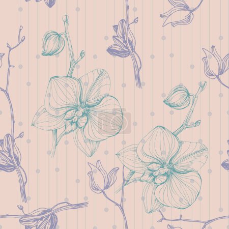 Ilustración de Vector dibujado a mano patrón sin costura con la rama estilizada de la orquídea para su diseño, patrón se puede utilizar para el papel pintado, invitación, tela. - Imagen libre de derechos