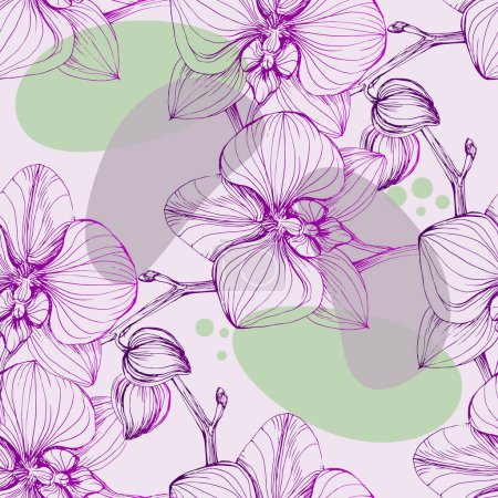 Ilustración de Vector dibujado a mano patrón sin costura con la rama estilizada de la orquídea para su diseño, patrón se puede utilizar para el papel pintado, invitación, tela. - Imagen libre de derechos